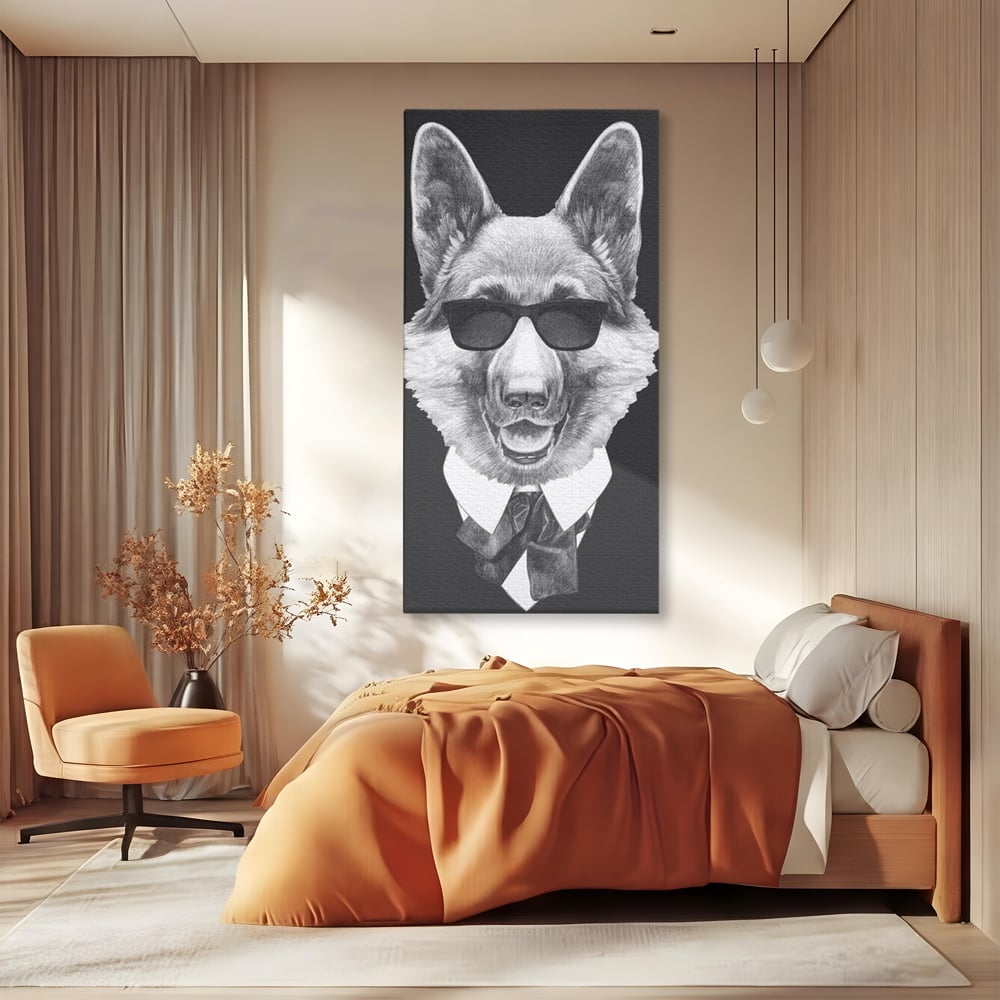 Tablou canvas cu portret ilustrativ caine gentleman, fara rama, pe sasiu de lemn, pe perete intr-un dormitor